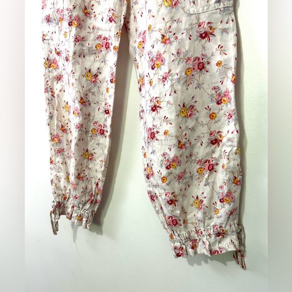 Moda Linen Floral Cargo Pants Size 8 White Pink Natural Y2K Cottagecore Straight - Picture 3 of 7